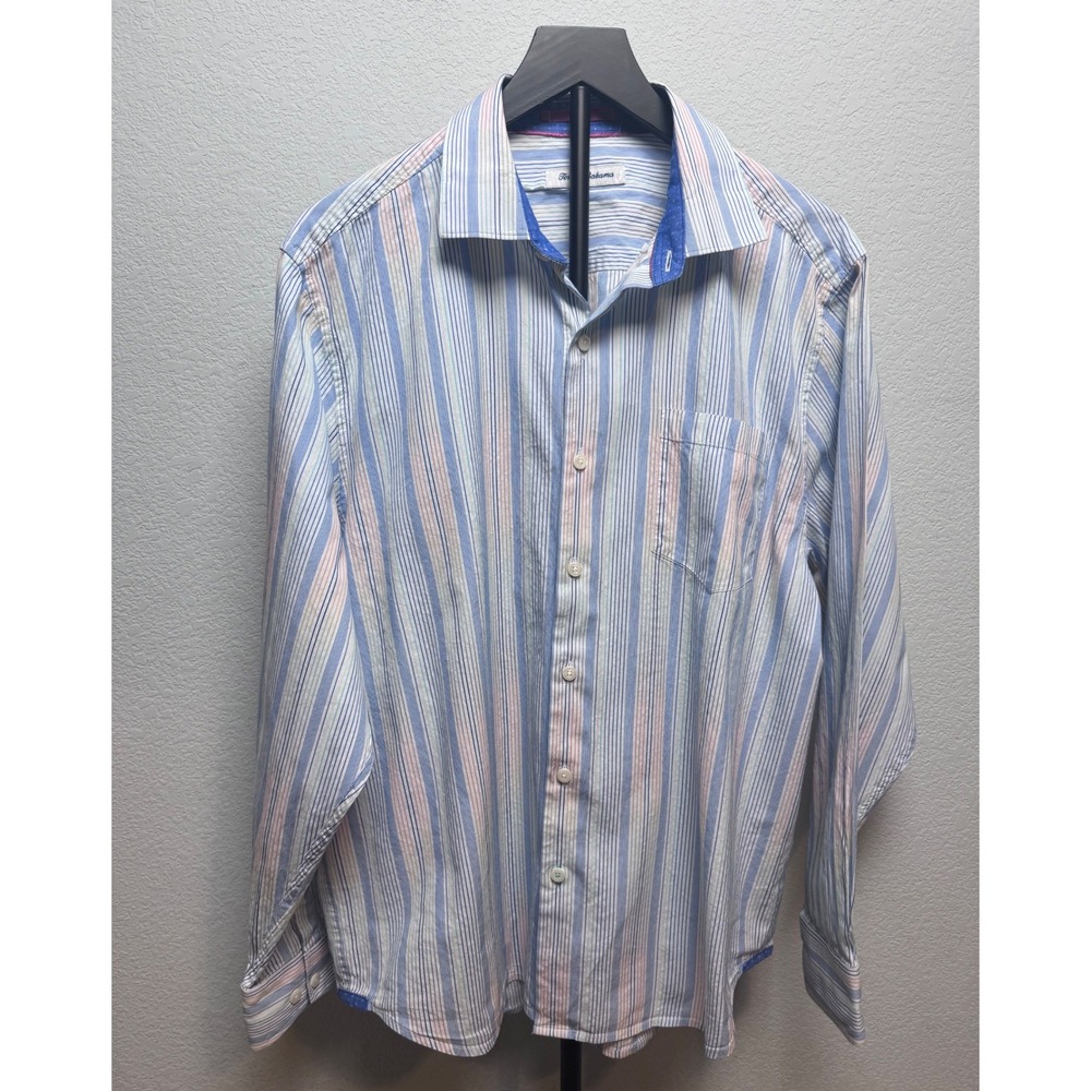Tommy Bahama Mens Large Blue White Striped Silk Cotton Button Down Shirt L